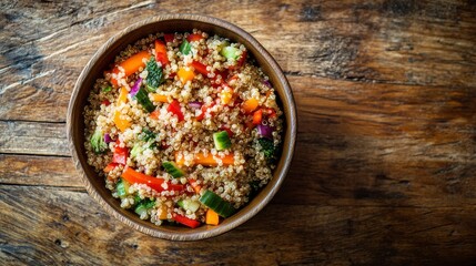 Quinoa Salad Bowl: A vibrant and healthy quinoa salad with colorful vegetables, served in a rustic wooden bowl. Perfect for showcasing healthy eating, vegan or vegetarian dishes.