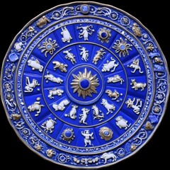 Obraz premium Celestial Zodiac Wheel Blue and Gold Ornate Design