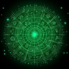 Celestial Zodiac Wheel Glowing Green Astrological Chart