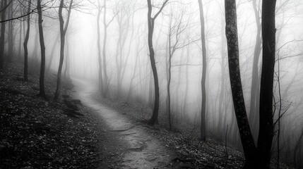 Naklejka premium Mysterious Foggy Path Through Dark Trees in Serene Forest Landscape