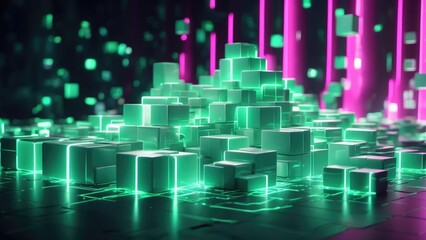 A vibrant, abstract representation of a cityscape made up of illuminated geometric blocks