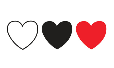 Heart icon set. Red, black, and outline heart icons. Love icon set