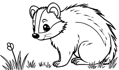 Obraz premium Badger gently watches tiny flower in grass vector art minimalist style.. AI Generated