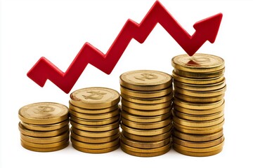 Financial Growth: Gold Coins Stack with Upward Red Arrows Symbolizing Market Rise