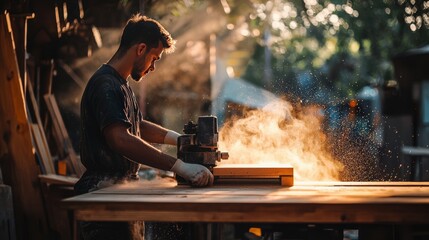Craftsmanship in Action: Woodworker Using Tool in Sunlit Workshop