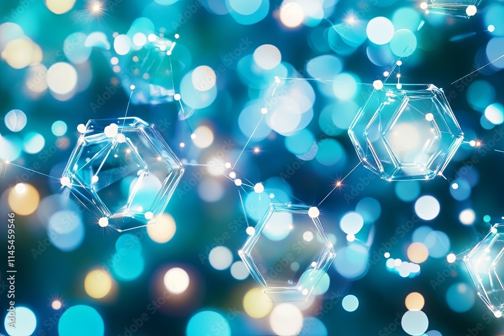 Poster abstract network of glowing hexagonal structures in a blue bokeh background