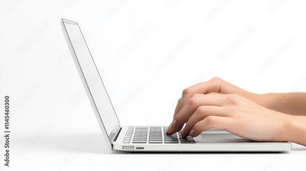 Poster close-up view of hands typing on a modern laptop keyboard against a minimalist and clean white backg