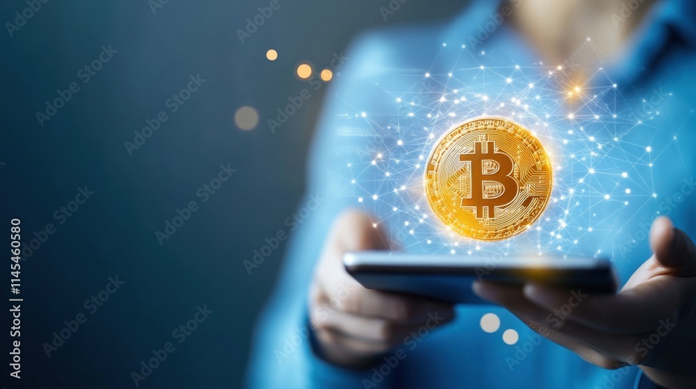 Poster Hands Holding Smartphone with Floating Golden Bitcoin Symbol Surrounded by Abstract Digital Connections and Glowing Particles, Representing Cryptocurrency Investment and Technology