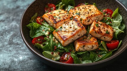 Grilled salmon atop a fresh salad with tomatoes.