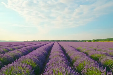 Beautiful lavender field under a bright blue sky, endless rows of purple flowers stretching to the horizon, perfect for nature lovers, scenic wallpapers, and travel inspiration