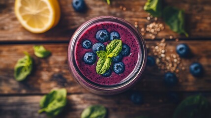 Blueberry Smoothie Delight: A refreshing and vibrant blueberry smoothie in a mason jar, topped with fresh mint and a few blueberries, sits on a rustic wooden table.