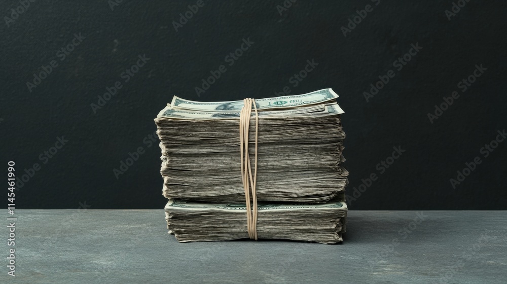 Poster stack of cash bundled with rubber band on grey surface with dark background highlighting wealth and 