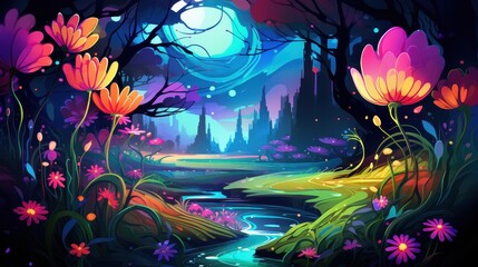 Vibrant Floral Fantasy Landscape With City Skyline