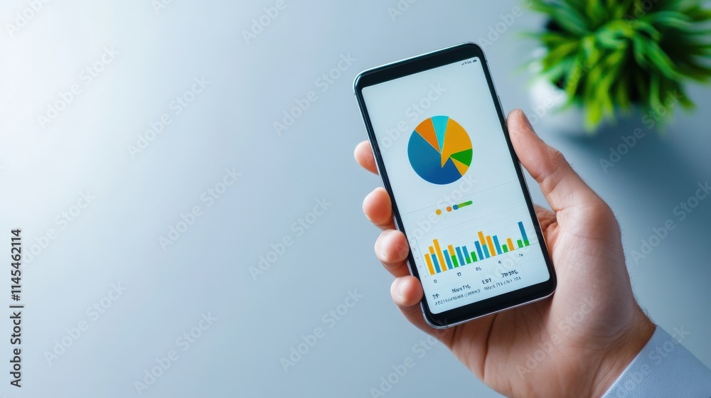 Aufkleber Analyzing Business Data on a Smartphone with Colorful Pie Chart and Bar Graph in Hand, Showcasing Modern Technology and Productivity in a Professional Setting