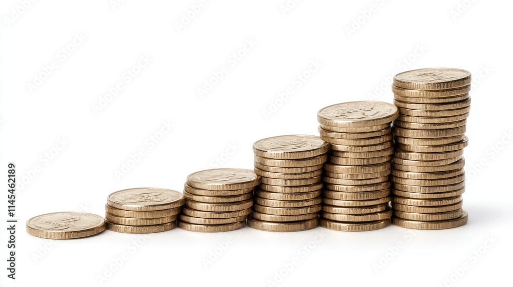 Aufkleber Stacks of Coins Gradually Increasing in Height Displaying Growth and Investment Concepts with a Clean White Background for Financial Themes and Projects