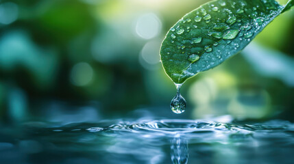A single drop of water falling from a leaf into a calm pond reflecting nature's purity