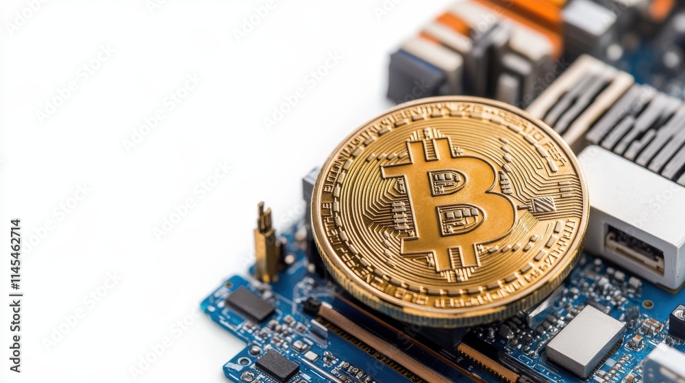 Poster Bitcoin Cryptocurrency Coin on a Computer Motherboard Representing Digital Currency and Blockchain Technology in Modern Finance and Investment Sectors