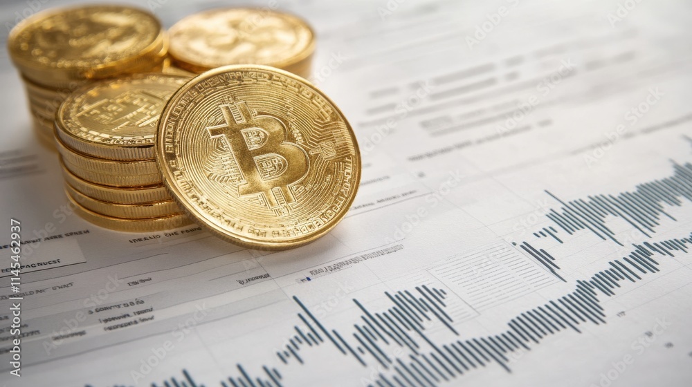 Poster a close-up view of golden bitcoin coins stacked on financial reports, showcasing cryptocurrency tren