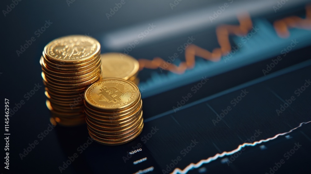Poster stacks of gold coins on a dark graph background representing financial growth and cryptocurrency tre