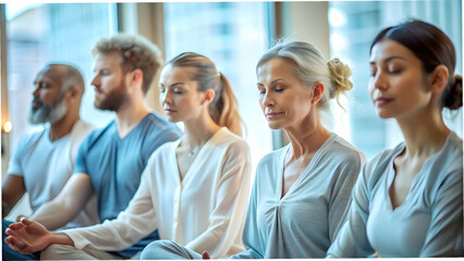 Obraz premium Group Engaged in Guided Meditation Candid Moments Mindfulness Retreat Copy Space