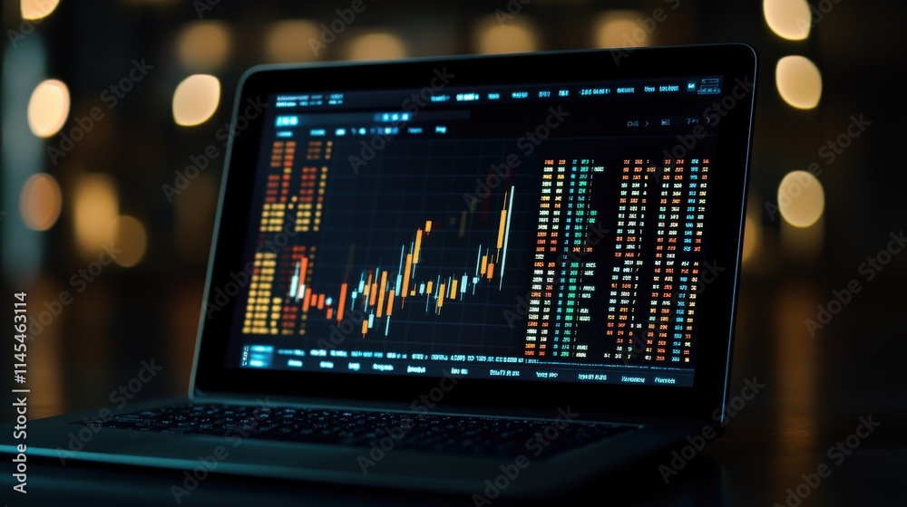 Poster Stock Market Analysis on Laptop Screen with Financial Data, Candlestick Charts and Colorful Graphs Displayed in Trading Software Interface at Night