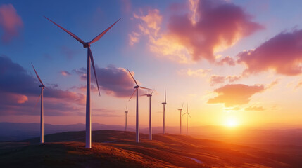 Wind Turbines on a Hilltop at Sunset A Stunning View of Renewable Energy