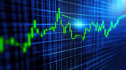 Digital Financial Graph with Green Line on Blue Background