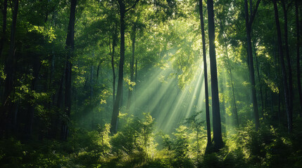 Obraz premium Sunbeams Illuminate a Mystical Green Forest Path