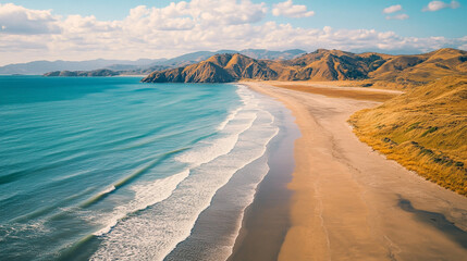 Unpolluted Beach Landscape in Serene Nature with sky and water wave on the ocean, A serene beach on an island with gentle waves and clear morning sky, turquoise water under a clear blue sky.