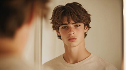 Pensive young man looking at his reflection in a mirror, thoughtful and introspective mood.