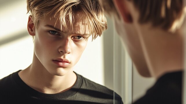 Pensive young man looking at his reflection in a mirror, thoughtful and introspective mood.