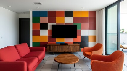 Modern living room featuring a colorful accent wall and stylish furniture.
