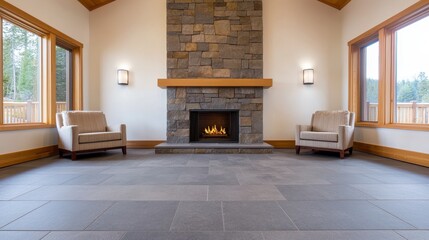 Cozy living room with a stone fireplace and large windows.