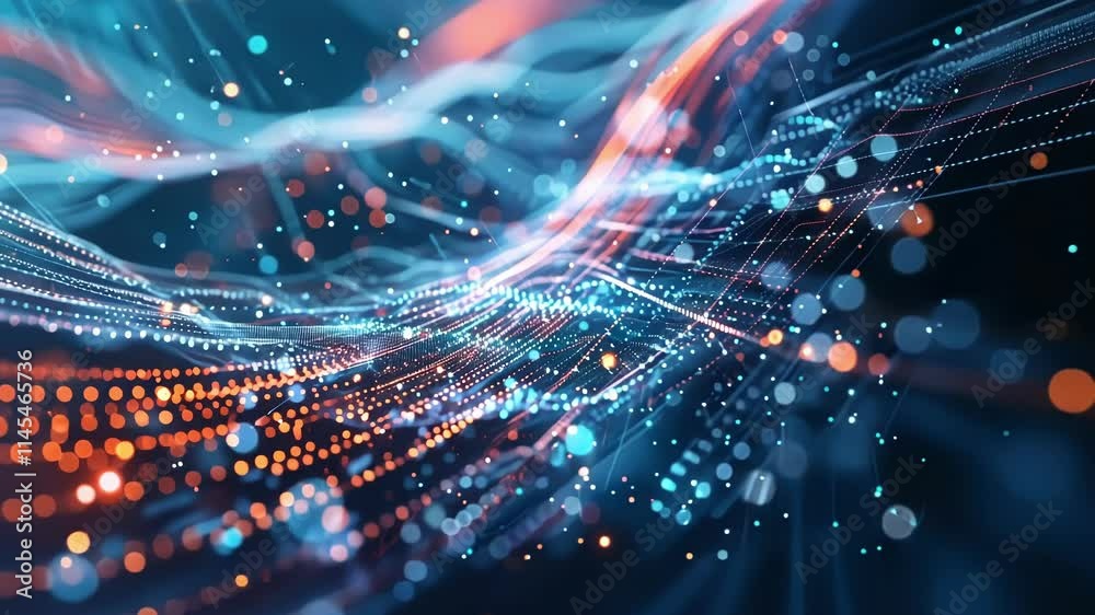 Poster complex network of interconnected nodes and lines creating a dynamic, flowing stream of data, symbol