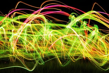 Abstract Light Trails: A Symphony of Neon Green, Yellow, and Pink