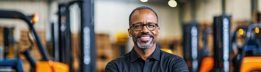 Inventory management idea. Confident warehouse manager with forklift in the background, showcasing teamwork and efficiency.