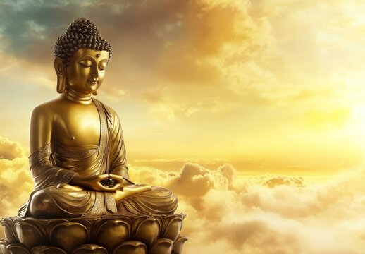 The shimmering gold Buddha statue contrasts beautifully with a cloudy sky.