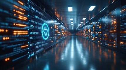Naklejka premium Futuristic data center with glowing servers.