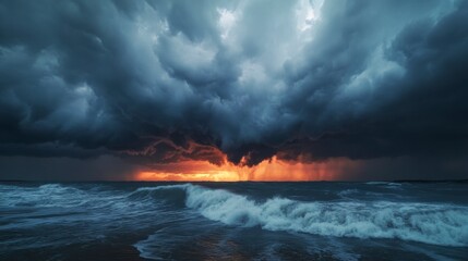 Fiery Tempest Over the Ocean: Dramatic ocean scene with dark, brooding storm clouds creating a fiery sunset over turbulent waves. A breathtaking display of nature's power. 