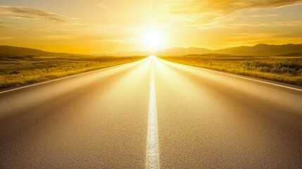 Naklejka premium Serene Sunrise Over Empty Road with Endless Horizon Landscape