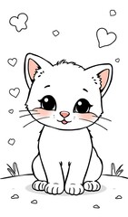 Cute white cat sitting; minimalist digital art hearts floating. AI Generated