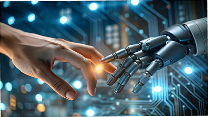 Fototapeta premium Macro Shot Robotic Finger Touching Human Finger Circuit Background Connection Technology