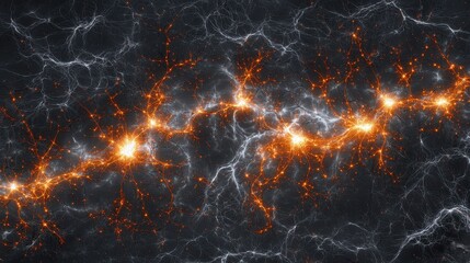 Cosmic web with glowing nodes and dark background.