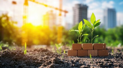 New plants grow from bricks in a construction setting, symbolizing sustainability.