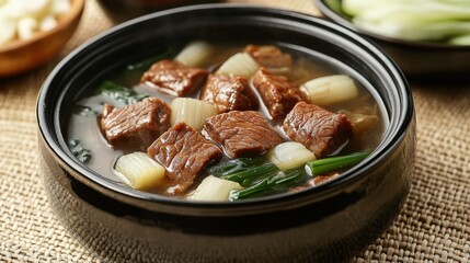 Carrot stew in the clay pot on the table