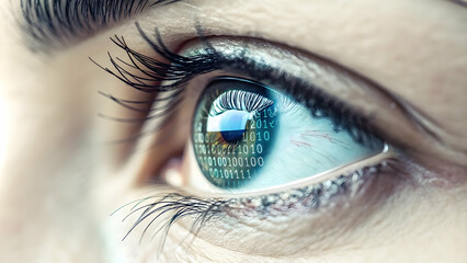 Close up of a human eye reflecting binary code with copy space concept as A macro shot captures a human eye reflecting streams of binary code in the iris symbolizing the fusion of humanity and technol