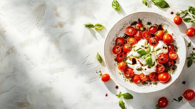 Creamy burrata cheese with roasted tomatoes, basil, and balsamic glaze. Perfect for food blogs, restaurant menus, and recipe websites.