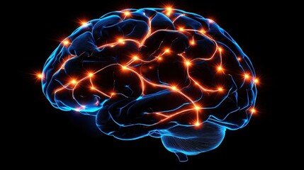 Neon brain illustration with glowing connections on a dark background.