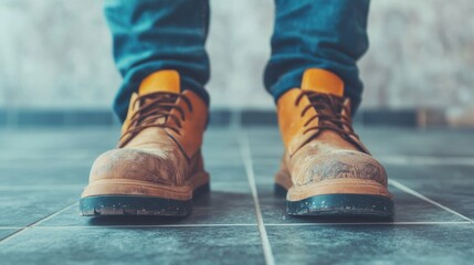 Work boots on tiled floor, showcasing durability and style.