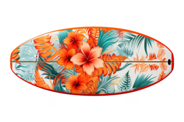 Surfboard Design Vibrant Tropical Hibiscus Flowers and Palm Leaves